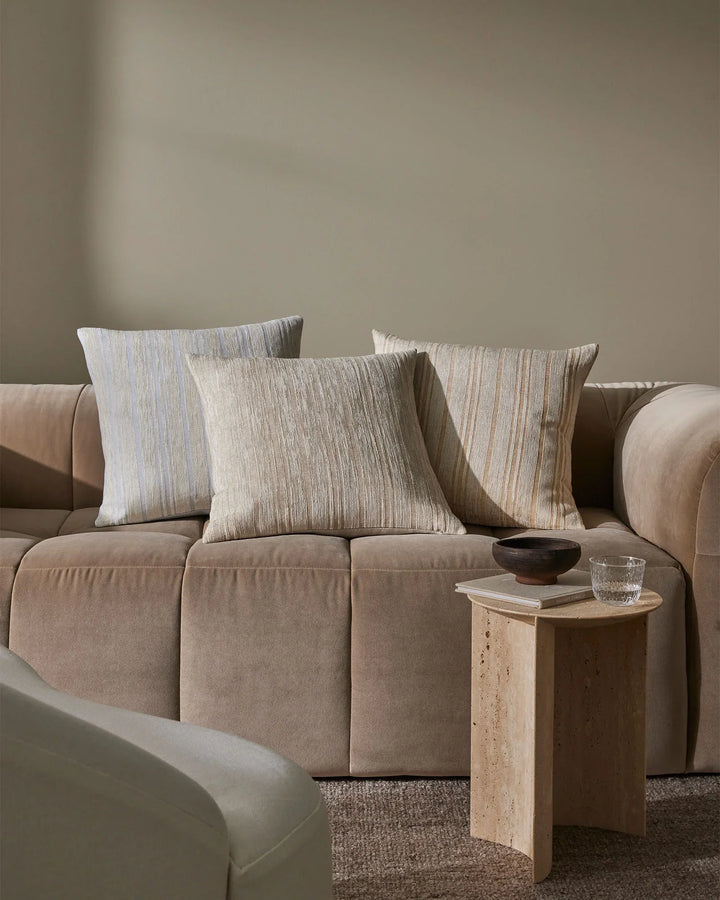 Adriana Glacier A woven mix of lustrous chenille and dry natural fibres gives Adriana a chic finish and luxe feel. A palette that heros modern, essential, on-trend hues. Glacier combines sky blue with a contrasting sandstone stripe.Timeless and classic in