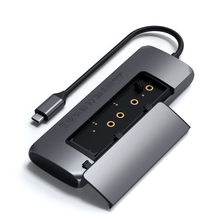 Satechi USB-C Hybrid Multiport Adapter with SSD Enclosure Level up your data storage at home or on-the-go using the Satechi USB-C Hybrid Multiport Adapter. Combining the convenience of an external drive and USB-C hub, the USB-C Hybrid Multiport Adapter fe
