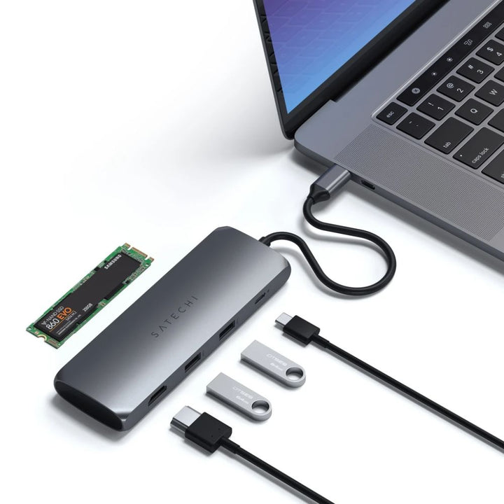 Satechi USB-C Hybrid Multiport Adapter with SSD Enclosure Level up your data storage at home or on-the-go using the Satechi USB-C Hybrid Multiport Adapter. Combining the convenience of an external drive and USB-C hub, the USB-C Hybrid Multiport Adapter fe