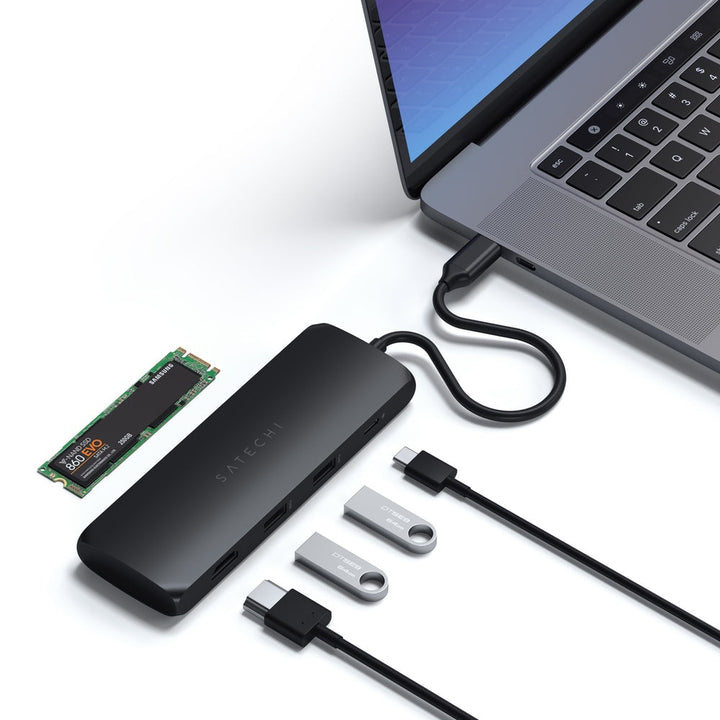 Satechi USB-C Hybrid Multiport Adapter with SSD Enclosure Level up your data storage at home or on-the-go using the Satechi USB-C Hybrid Multiport Adapter. Combining the convenience of an external drive and USB-C hub, the USB-C Hybrid Multiport Adapter fe