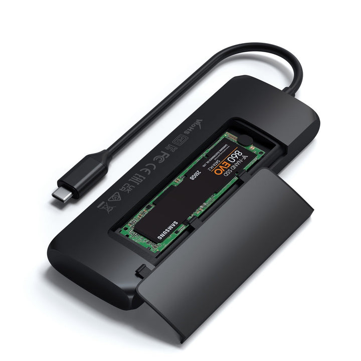 Satechi USB-C Hybrid Multiport Adapter with SSD Enclosure Level up your data storage at home or on-the-go using the Satechi USB-C Hybrid Multiport Adapter. Combining the convenience of an external drive and USB-C hub, the USB-C Hybrid Multiport Adapter fe