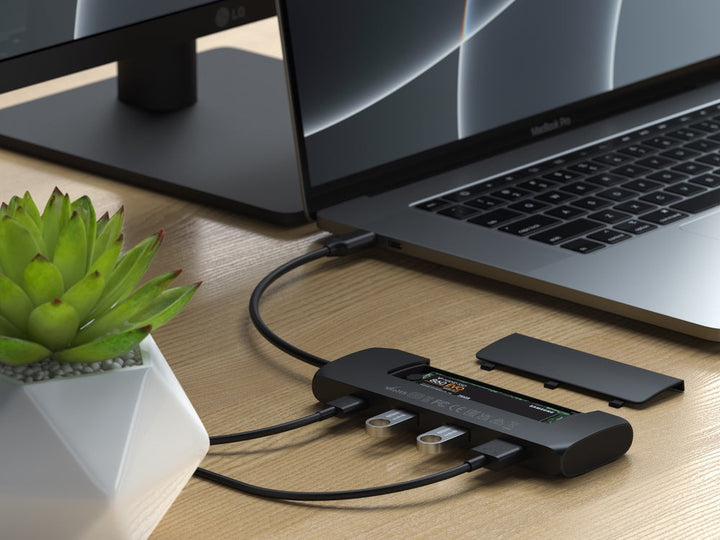 Satechi USB-C Hybrid Multiport Adapter with SSD Enclosure Level up your data storage at home or on-the-go using the Satechi USB-C Hybrid Multiport Adapter. Combining the convenience of an external drive and USB-C hub, the USB-C Hybrid Multiport Adapter fe