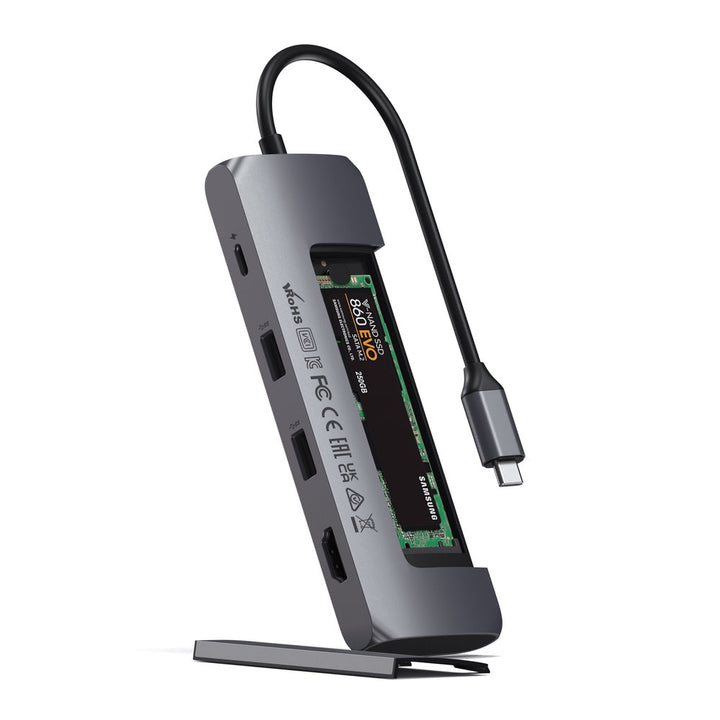Satechi USB-C Hybrid Multiport Adapter with SSD Enclosure Level up your data storage at home or on-the-go using the Satechi USB-C Hybrid Multiport Adapter. Combining the convenience of an external drive and USB-C hub, the USB-C Hybrid Multiport Adapter fe