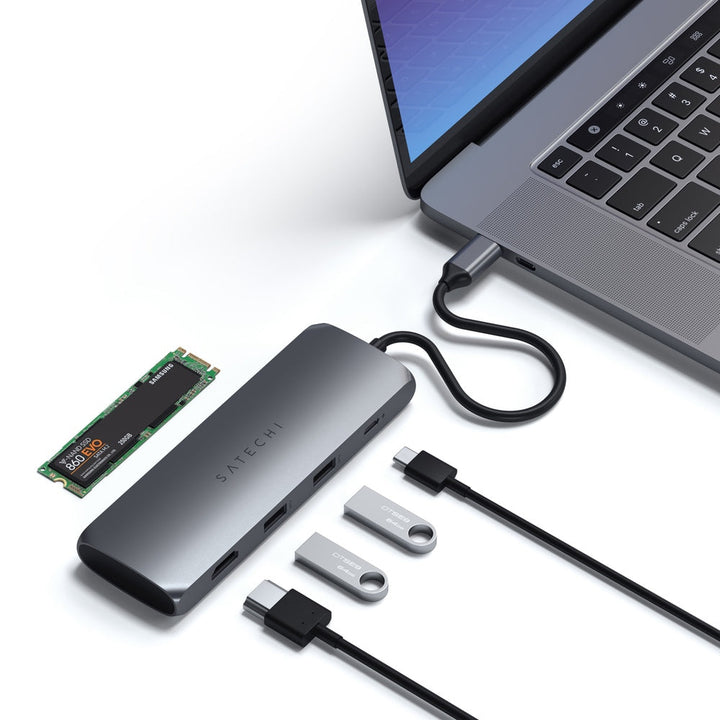 Satechi USB-C Hybrid Multiport Adapter with SSD Enclosure Level up your data storage at home or on-the-go using the Satechi USB-C Hybrid Multiport Adapter. Combining the convenience of an external drive and USB-C hub, the USB-C Hybrid Multiport Adapter fe