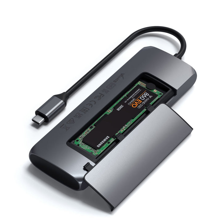 Satechi USB-C Hybrid Multiport Adapter with SSD Enclosure Level up your data storage at home or on-the-go using the Satechi USB-C Hybrid Multiport Adapter. Combining the convenience of an external drive and USB-C hub, the USB-C Hybrid Multiport Adapter fe