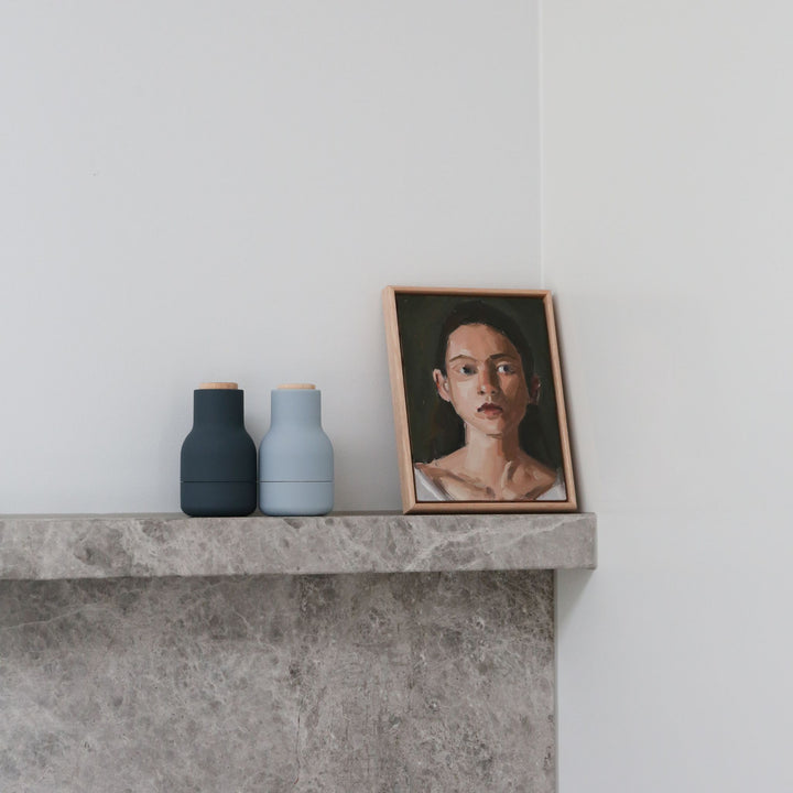 AUDO CPH (ex MENU) Salt and Pepper Bottle Grinder Set, Small, Blues w/ Beech Lid by Audo Copenhagen - MENU Bottle Grinders have a rounded base that fits perfectly into your hand and a tactile rubber surface that is easy to grip and clean. The grinders hav