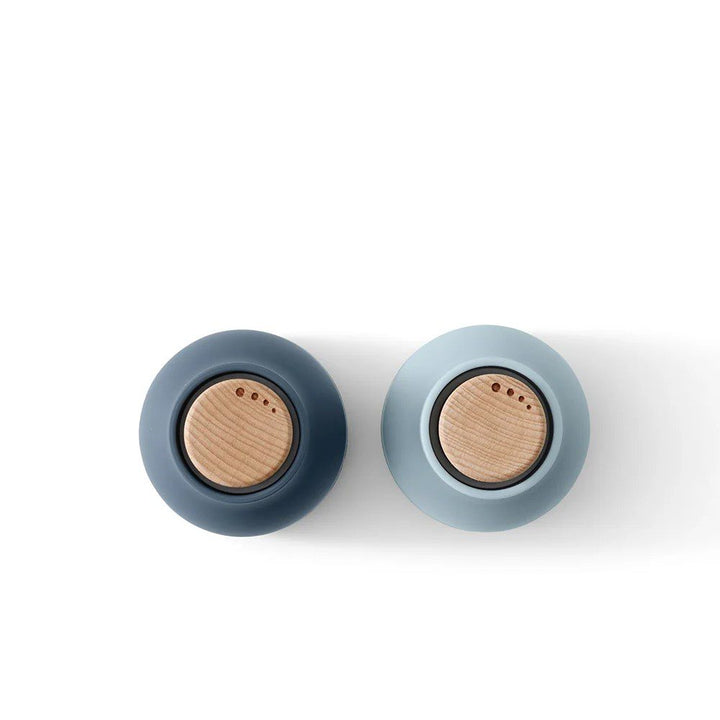 AUDO CPH (ex MENU) Salt and Pepper Bottle Grinder Set, Small, Blues w/ Beech Lid by Audo Copenhagen - MENU Bottle Grinders have a rounded base that fits perfectly into your hand and a tactile rubber surface that is easy to grip and clean. The grinders hav