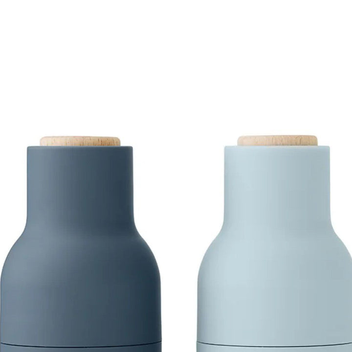 AUDO CPH (ex MENU) Salt and Pepper Bottle Grinder Set, Small, Blues w/ Beech Lid by Audo Copenhagen - MENU Bottle Grinders have a rounded base that fits perfectly into your hand and a tactile rubber surface that is easy to grip and clean. The grinders hav