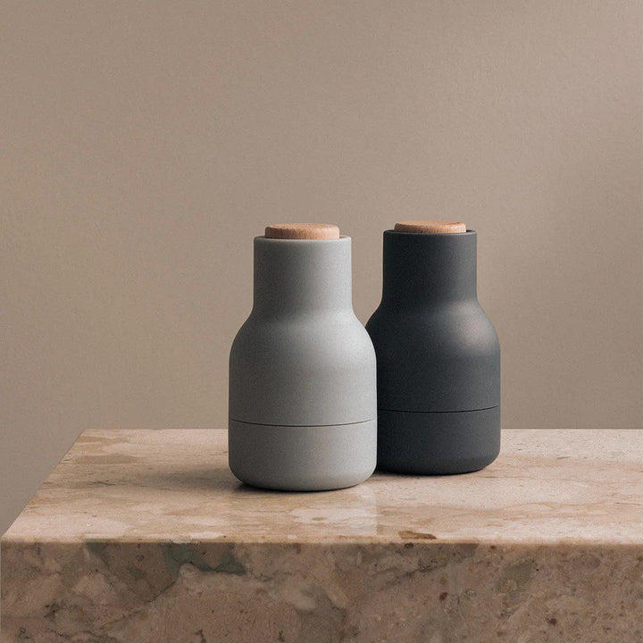 AUDO CPH (ex MENU) Salt and Pepper Bottle Grinder Set, Small, Blues w/ Beech Lid by Audo Copenhagen - MENU Bottle Grinders have a rounded base that fits perfectly into your hand and a tactile rubber surface that is easy to grip and clean. The grinders hav