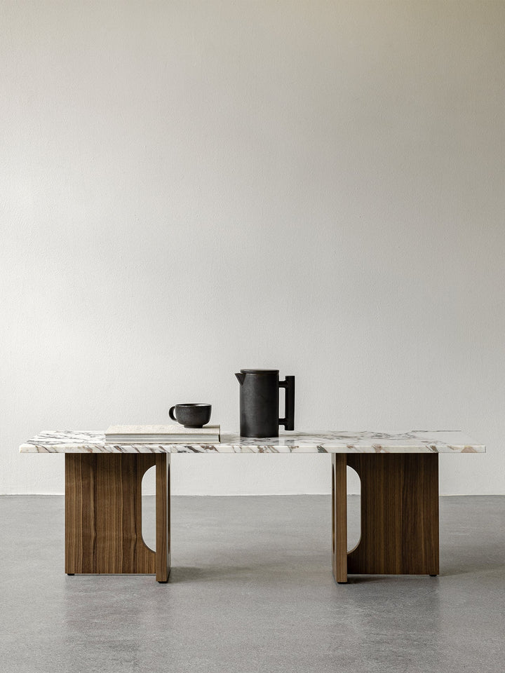 Androgyne Lounge Table, 120x45 cm, Walnut Base, Calacatta Viola Marble Table Top