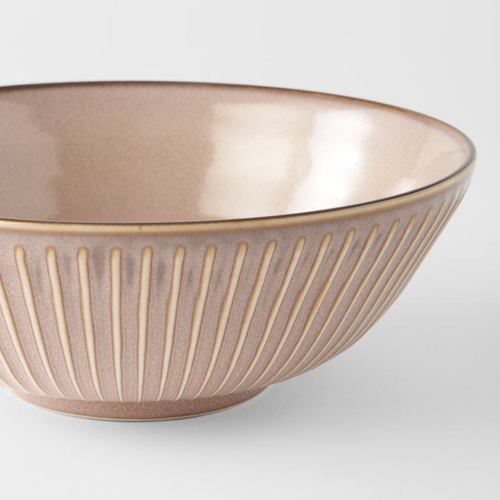 Elegant 21cm lotus bowl in soft pink glaze, showcasing Mino Ware craftsmanship and ribbed design.