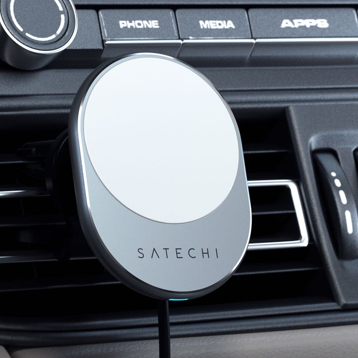 Satechi Magnetic Wireless Car Charger (Space Grey) Power wirelessly and navigate hands-free while driving with the Satechi Magnetic Wireless Car Charger. Featuring Qi wireless charging, an easy magnetic attachment, and modern aluminium design, the Satechi