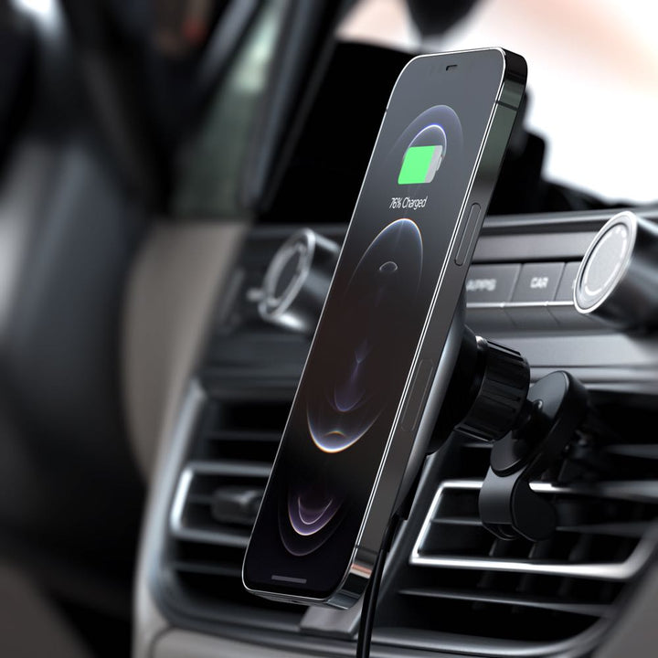 Satechi Magnetic Wireless Car Charger (Space Grey) Power wirelessly and navigate hands-free while driving with the Satechi Magnetic Wireless Car Charger. Featuring Qi wireless charging, an easy magnetic attachment, and modern aluminium design, the Satechi