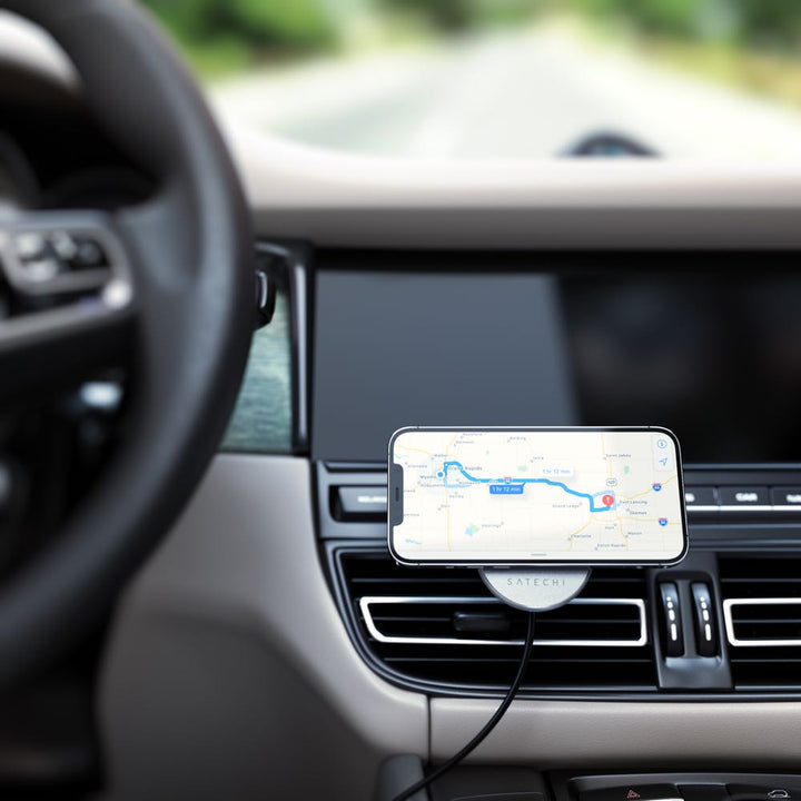 Satechi Magnetic Wireless Car Charger (Space Grey) Power wirelessly and navigate hands-free while driving with the Satechi Magnetic Wireless Car Charger. Featuring Qi wireless charging, an easy magnetic attachment, and modern aluminium design, the Satechi
