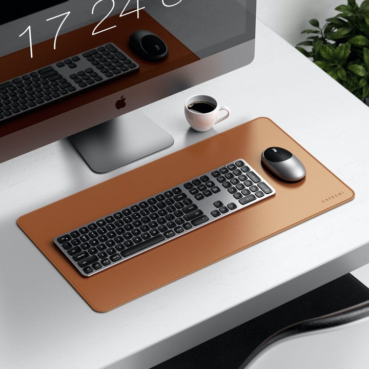 Satechi Eco Leather Deskmate Protect your desk space in style with the Satechi Eco-Leather Deskmate. Crafted from quality Polyurethane (PU) leather, the Desk Mat can be used as a mouse pad, writing surface, food mat and more, while complementing a variety