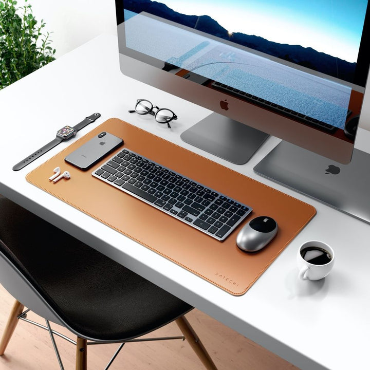 Satechi Eco Leather Deskmate Protect your desk space in style with the Satechi Eco-Leather Deskmate. Crafted from quality Polyurethane (PU) leather, the Desk Mat can be used as a mouse pad, writing surface, food mat and more, while complementing a variety
