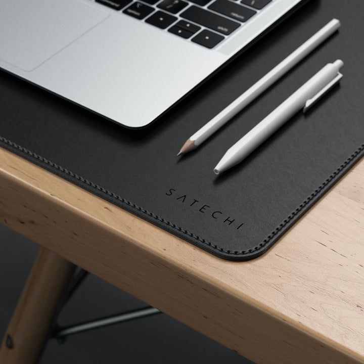Satechi Eco Leather Deskmate Protect your desk space in style with the Satechi Eco-Leather Deskmate. Crafted from quality Polyurethane (PU) leather, the Desk Mat can be used as a mouse pad, writing surface, food mat and more, while complementing a variety