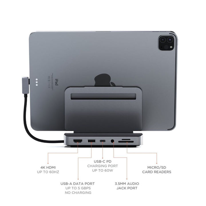 Satechi Aluminium Stand Hub For iPad Pro & Selected Tablets (Space Grey) Push the boundaries of a traditional setup with the Satechi Aluminium Stand & Hub for iPad Pro & selected tablets, combining all the capabilities of a desktop with the convenience of