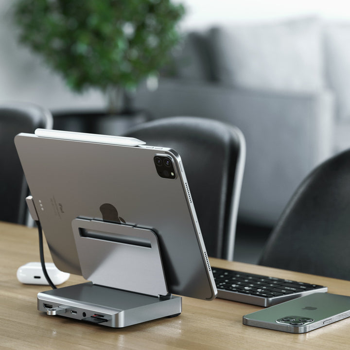 Satechi Aluminium Stand Hub For iPad Pro & Selected Tablets (Space Grey) Push the boundaries of a traditional setup with the Satechi Aluminium Stand & Hub for iPad Pro & selected tablets, combining all the capabilities of a desktop with the convenience of