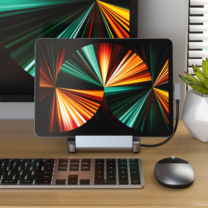 Satechi Aluminium Stand Hub For iPad Pro & Selected Tablets (Space Grey) Push the boundaries of a traditional setup with the Satechi Aluminium Stand & Hub for iPad Pro & selected tablets, combining all the capabilities of a desktop with the convenience of