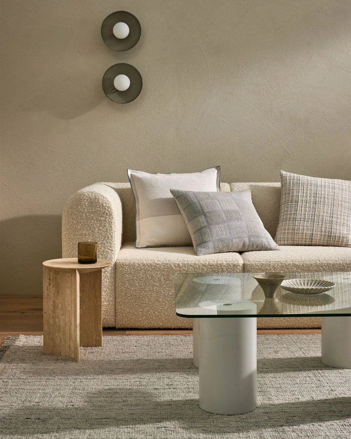 Bodrum Mist A contemporary, woven linen interpretation of a geometric checkerboard. Featuring panels of varied weave structures and subtle colour variations.The blend of soft, tonal yarns in Bodrum creates a textured feel. Colourway Mist identifies with o