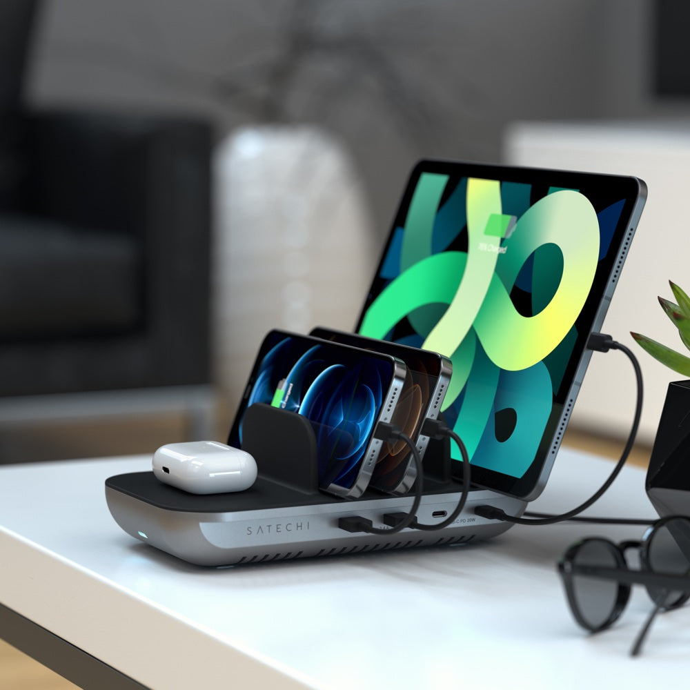Satechi Dock5 Multi-Device Charging Station with Wireless Charging Create your own modern charging space while keeping all your electronics organised with the Satechi Dock5 Multi-Device Charging Station with Wireless Charging. Ideal for family homes, work