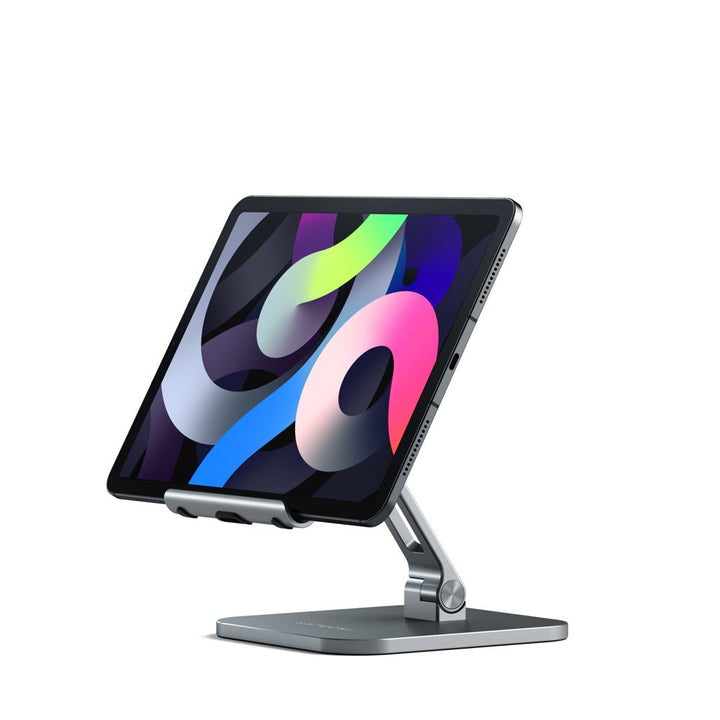 Satechi Aluminum Desktop Stand for iPad Pro (Space Grey) Elevate your iPad to a multi-purpose station with the Satechi Aluminium Desktop Stand for iPad. Equipped with adjustable mount and base hinges with a foldable design, the Desktop Stand easily create