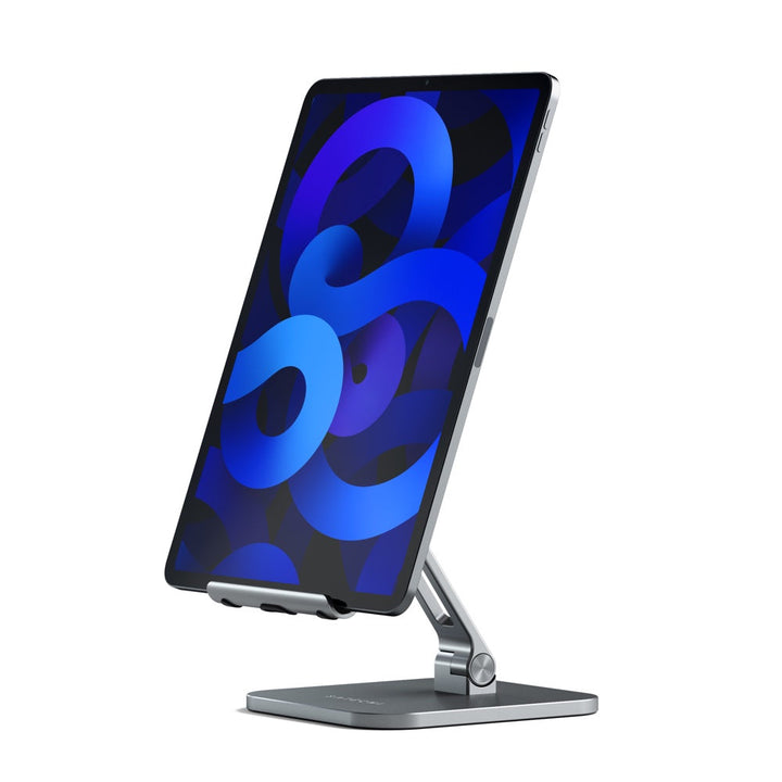 Satechi Aluminum Desktop Stand for iPad Pro (Space Grey) Elevate your iPad to a multi-purpose station with the Satechi Aluminium Desktop Stand for iPad. Equipped with adjustable mount and base hinges with a foldable design, the Desktop Stand easily create