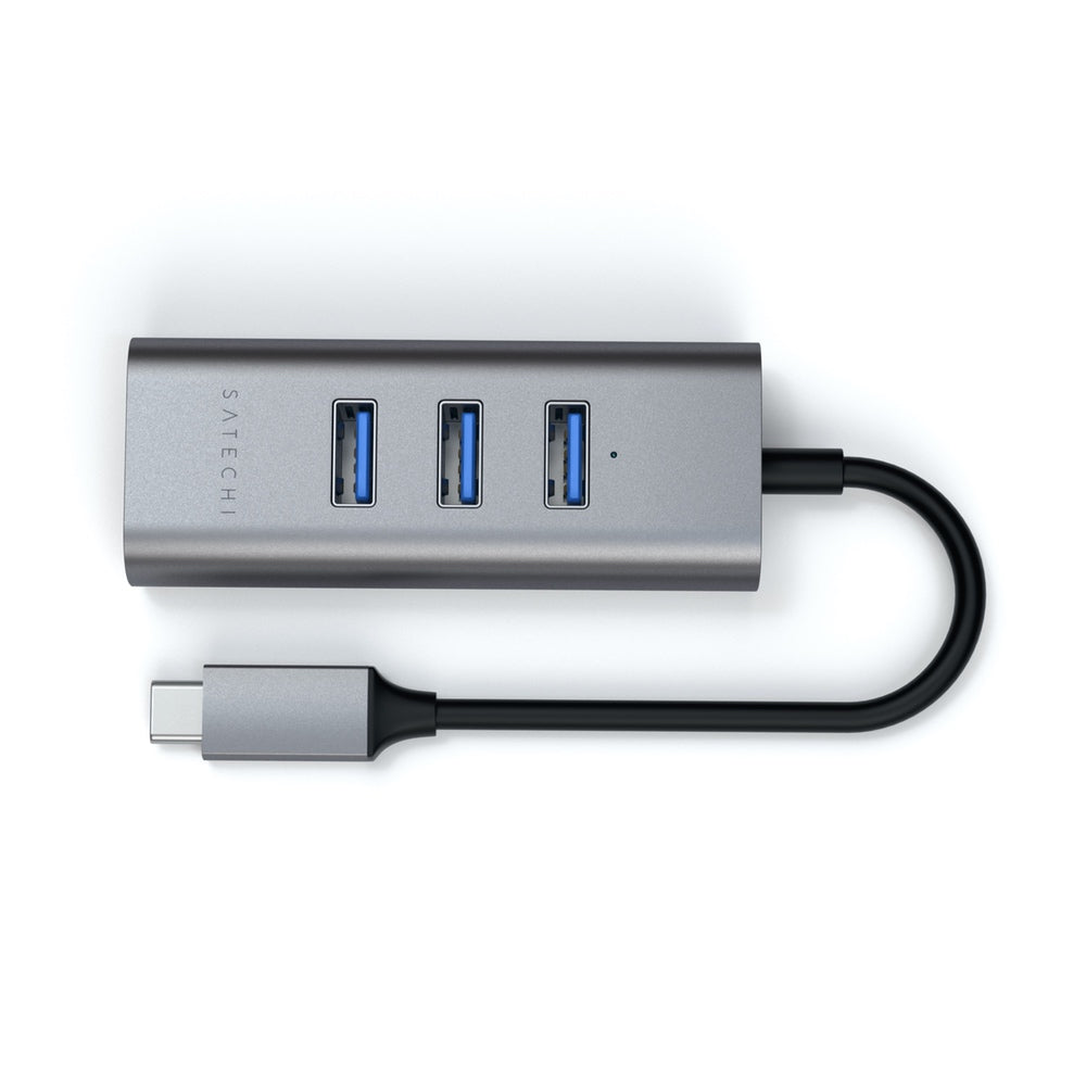 Satechi USB-C 2-in-1 USB 3. 3-Port Hub & Ethernet High-speed networking solution for Type-C devices USB Type-C connector 3x USB Type-A ports for your favourite devices Ethernet port supporting 10/100/1000Mbps LED light for power indication Sleek compact a