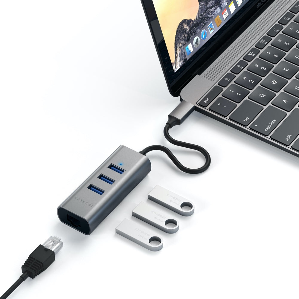 Satechi USB-C 2-in-1 USB 3. 3-Port Hub & Ethernet High-speed networking solution for Type-C devices USB Type-C connector 3x USB Type-A ports for your favourite devices Ethernet port supporting 10/100/1000Mbps LED light for power indication Sleek compact a