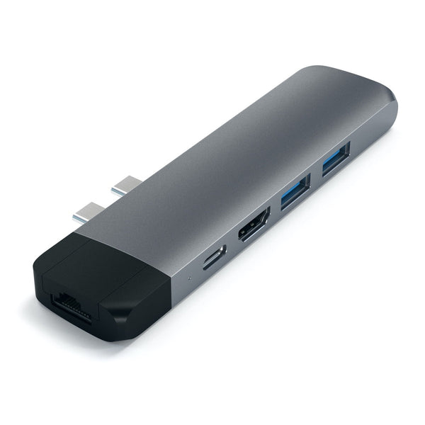 Satechi USB-C Pro Hub w/ Ethernet & 4K HDMI Passthrough charging with USB Type-C port USB-C Power Delivery (up to 87W) Gigabit Ethernet port (Supports 10/100/1000Mbps) 4K HDMI Video Output Micro SD card port 2x USB 3.0 ports USB-C up to 10 Gbps, USB 3.0 u