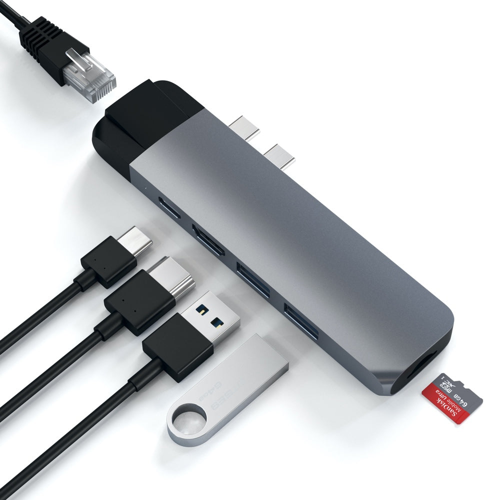 Satechi USB-C Pro Hub w/ Ethernet & 4K HDMI Passthrough charging with USB Type-C port USB-C Power Delivery (up to 87W) Gigabit Ethernet port (Supports 10/100/1000Mbps) 4K HDMI Video Output Micro SD card port 2x USB 3.0 ports USB-C up to 10 Gbps, USB 3.0 u