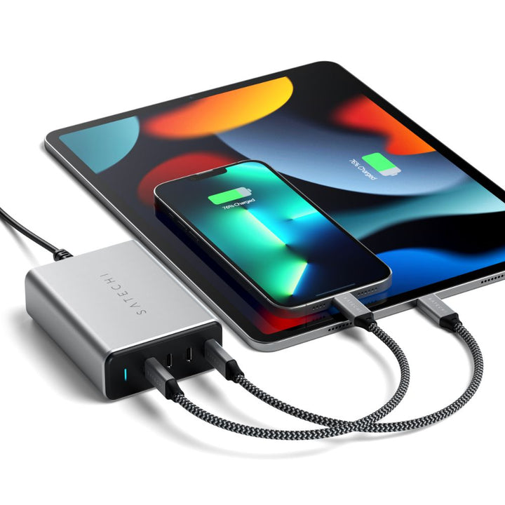 Satechi 165W USB-C 4-Port PD GaN Charger Take your desktop charging to the next level with the Satechi 165W USB-C 4-Port PD GaN Charger, featuring Gallium Nitride (GaN) technology, replacing previous silicon-based semiconductors, to provide faster chargin