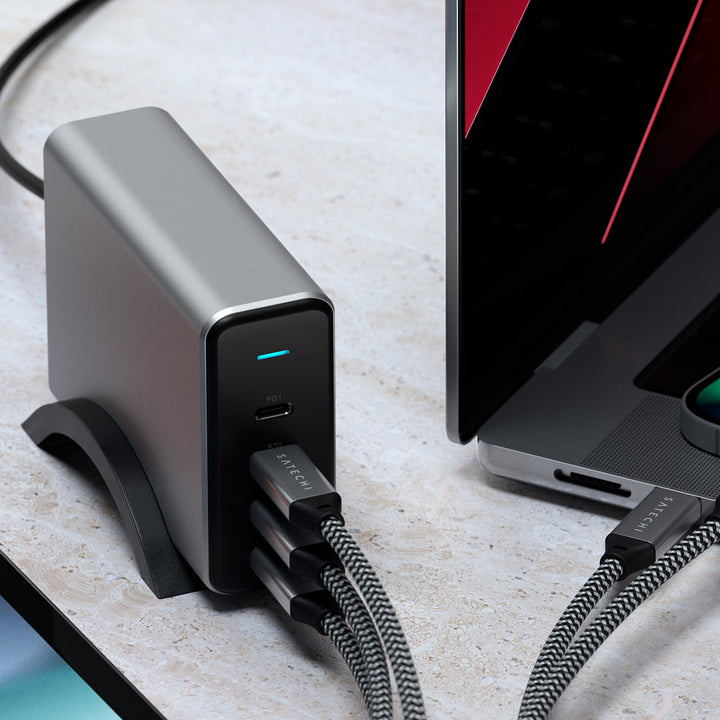 Satechi 165W USB-C 4-Port PD GaN Charger Take your desktop charging to the next level with the Satechi 165W USB-C 4-Port PD GaN Charger, featuring Gallium Nitride (GaN) technology, replacing previous silicon-based semiconductors, to provide faster chargin