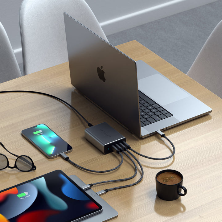 Satechi 165W USB-C 4-Port PD GaN Charger Take your desktop charging to the next level with the Satechi 165W USB-C 4-Port PD GaN Charger, featuring Gallium Nitride (GaN) technology, replacing previous silicon-based semiconductors, to provide faster chargin