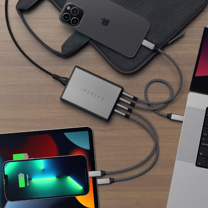 Satechi 165W USB-C 4-Port PD GaN Charger Take your desktop charging to the next level with the Satechi 165W USB-C 4-Port PD GaN Charger, featuring Gallium Nitride (GaN) technology, replacing previous silicon-based semiconductors, to provide faster chargin