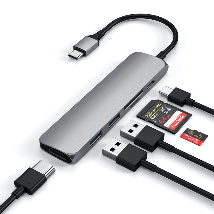 Satechi Slim USB-C Multiport Adapter (V2) Satechi took one of their customer favourite USB-C adapters and made it even better! Their latest Satechi Aluminium Multi-Port Adapter V2, has all the same peripherals that you loved on the previous multiport adap