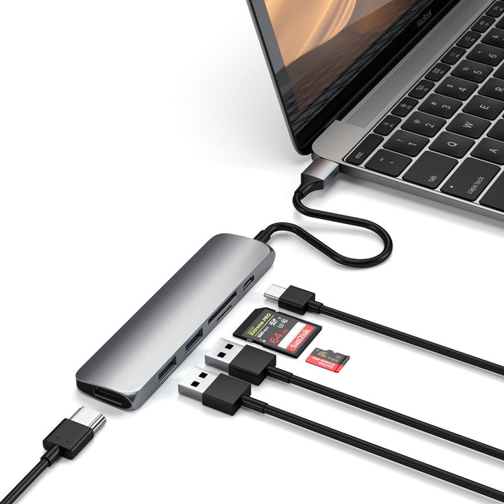 Satechi Slim USB-C Multiport Adapter (V2) Satechi took one of their customer favourite USB-C adapters and made it even better! Their latest Satechi Aluminium Multi-Port Adapter V2, has all the same peripherals that you loved on the previous multiport adap