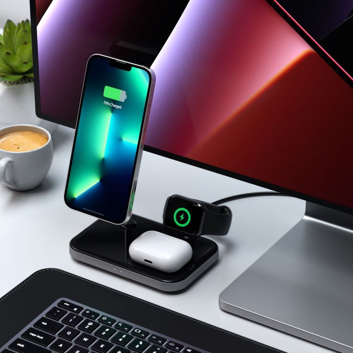 Satechi Magnetic 3-in-1 Wireless Charging Stand Keep all your devices charged and organised in one place with the Satechi 3-in-1 Magnetic Wireless Charging Stand. Featuring wireless charging support for all your Apple devices to quickly power your iPhone,