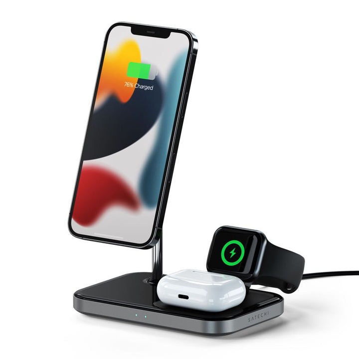 Satechi Magnetic 3-in-1 Wireless Charging Stand Keep all your devices charged and organised in one place with the Satechi 3-in-1 Magnetic Wireless Charging Stand. Featuring wireless charging support for all your Apple devices to quickly power your iPhone,