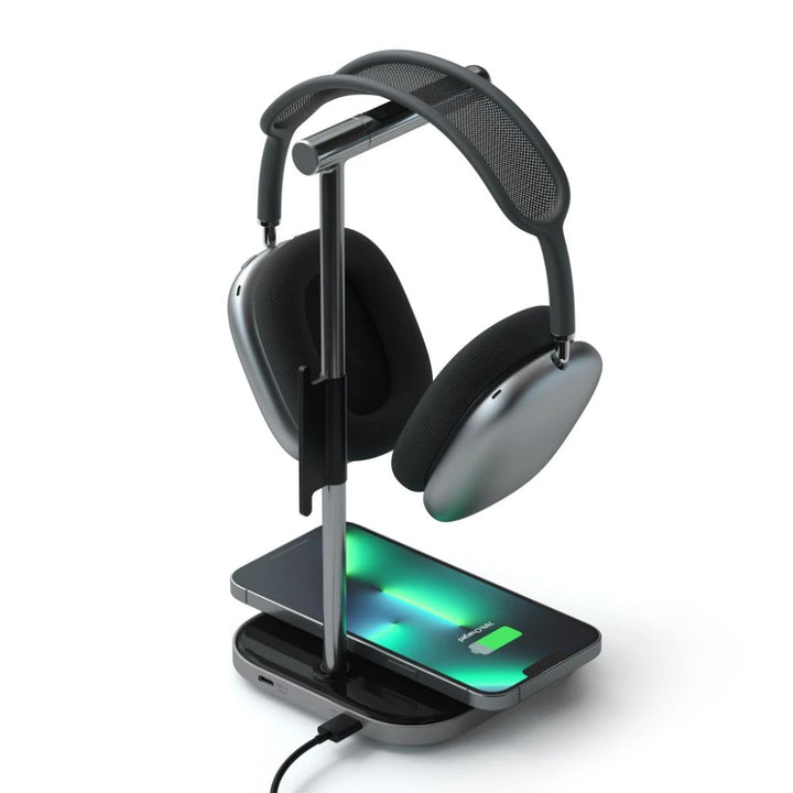 Satechi 2-in-1 Headphone Stand with Wireless Charger Store and charge your AirPods Max in style with the Satechi 2-in-1 Headphone Stand with Wireless Charger. Features a sleek stainless-steel arm with padded grips, a USB-C port to keep your headset charge