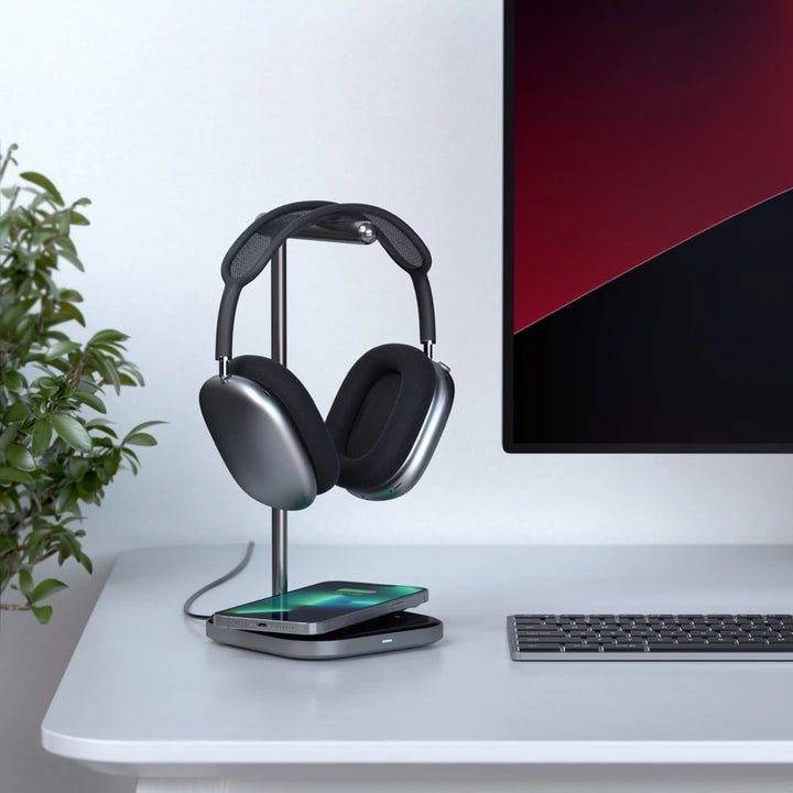 Satechi 2-in-1 Headphone Stand with Wireless Charger Store and charge your AirPods Max in style with the Satechi 2-in-1 Headphone Stand with Wireless Charger. Features a sleek stainless-steel arm with padded grips, a USB-C port to keep your headset charge