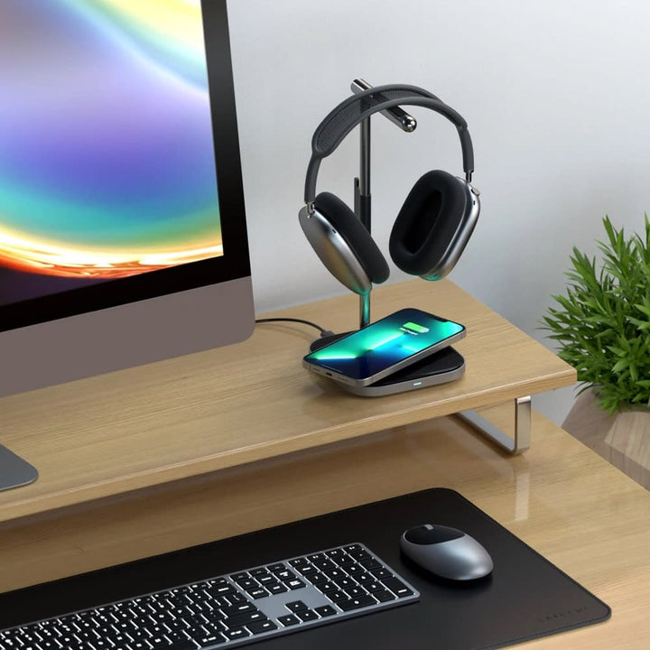 Satechi 2-in-1 Headphone Stand with Wireless Charger Store and charge your AirPods Max in style with the Satechi 2-in-1 Headphone Stand with Wireless Charger. Features a sleek stainless-steel arm with padded grips, a USB-C port to keep your headset charge