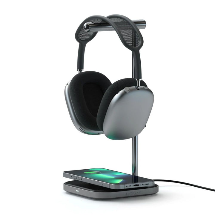 Satechi 2-in-1 Headphone Stand with Wireless Charger Store and charge your AirPods Max in style with the Satechi 2-in-1 Headphone Stand with Wireless Charger. Features a sleek stainless-steel arm with padded grips, a USB-C port to keep your headset charge