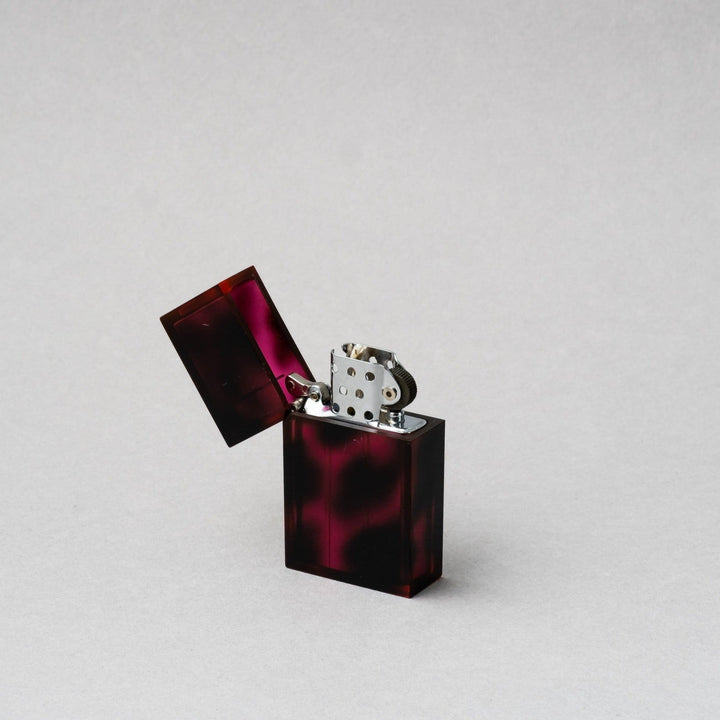 Tsubota Pearl Hard Edge Marble petrol lighter in maroon with hand-sprayed tortoise pattern, handcrafted in Tokyo.