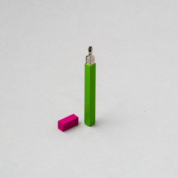TSUBOTA PEARL Queue Gloss Green/Purple petrol lighter with pink casing, slim design, handcrafted in Tokyo.