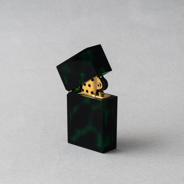Tsubota Pearl Hard Edge Marble Green petrol lighter, handcrafted artisan design with gold accents.