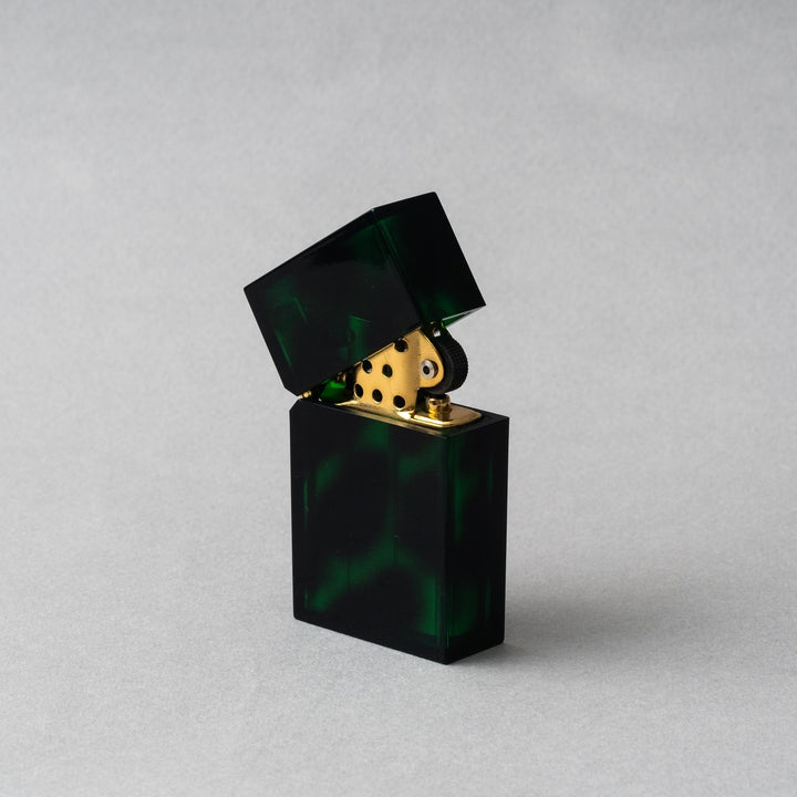 Tsubota Pearl Hard Edge Marble Green petrol lighter, handcrafted artisan design with gold accents.