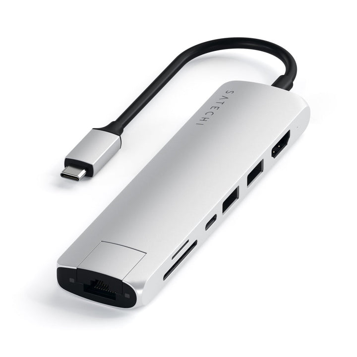 Satechi USB-C Slim Multiport with Ethernet Adapter (V3) Take your workspace on-the-go with the ultra-portable Satechi USB-C Slim Multiport with Ethernet Adapter. Featuring Gigabit Ethernet, 4K HDMI (60Hz), USB-C PD charging, two USB-A 3.0 ports, and micro