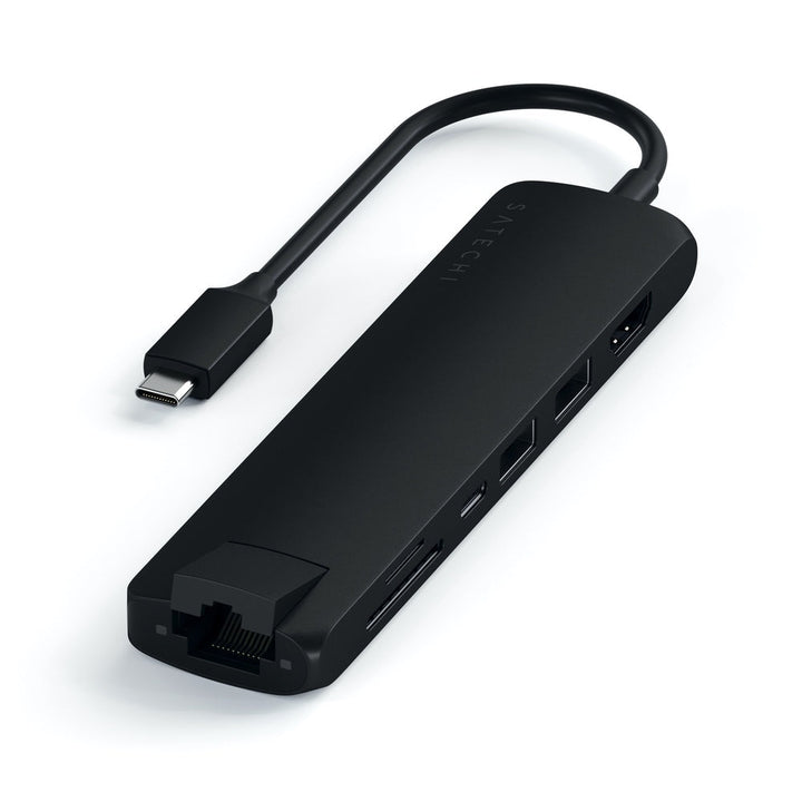 Satechi USB-C Slim Multiport with Ethernet Adapter (V3) Take your workspace on-the-go with the ultra-portable Satechi USB-C Slim Multiport with Ethernet Adapter. Featuring Gigabit Ethernet, 4K HDMI (60Hz), USB-C PD charging, two USB-A 3.0 ports, and micro